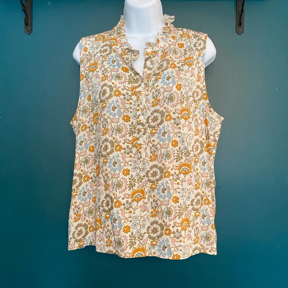 Faherty Sleeveless Ruffle-Neck Floral Blouse in Cream, Mustard & Blue
